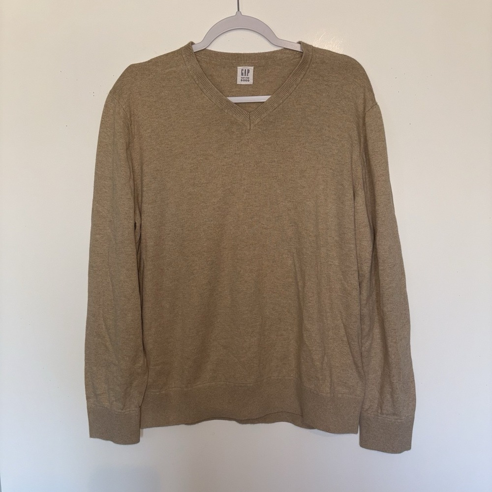 GAP For Good Men's V-neck Khaki Sweater Long Sleeve Large Preppy Light Academia